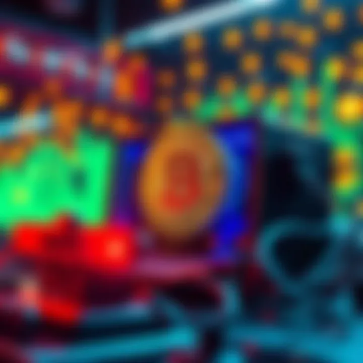 A visual representation showing a computer mining Bitcoin with digital currency symbols in the background.