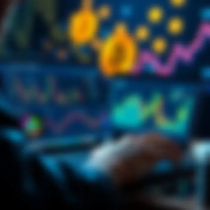 Bitcoin Mining Service A person analyzing Bitcoin mining graphs and charts on a laptop, with digital coins in the background, symbolizing investment in mining services.