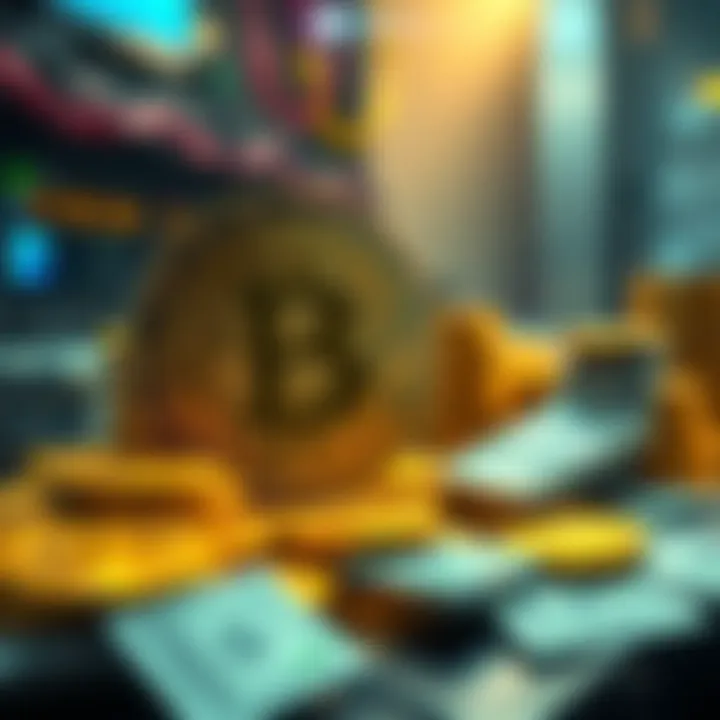 A digital representation of Bitcoin mining, showing cryptocurrency coins and symbols with stacks of money in the background.