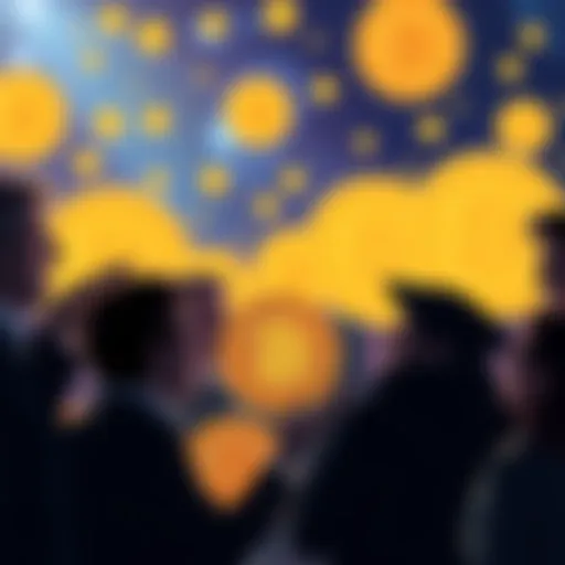 A group of people sharing their experiences with Bitcoin, expressing excitement and realization about its potential, with Bitcoin symbols in the background.