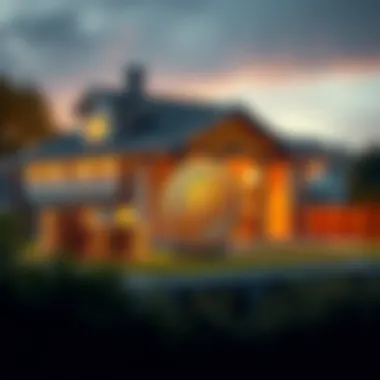 Bitcoin and Mortgage Concept A graphic showing Bitcoin coins alongside a house, symbolizing the integration of Bitcoin into mortgage options in America.