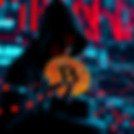A hacker silhouette looming over a digital representation of the Bitcoin network, symbolizing potential security breaches and legal challenges.