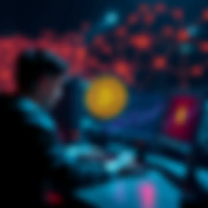 A person setting up a Bitcoin node on their computer, with a digital network graphic in the background illustrating connectivity and security in the Bitcoin ecosystem.