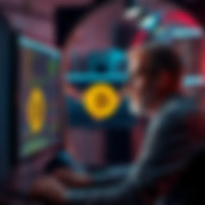 Bitcoin Node Operations A person monitoring a computer screen displaying Bitcoin blockchain data, highlighting potential legal concerns about storing content, with a thoughtful expression.