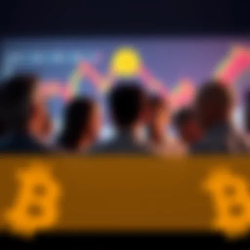 A group of people discussing Bitcoin with charts and graphs in the background