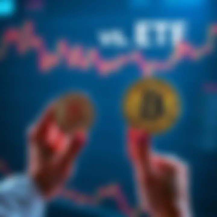 A person holding a Bitcoin coin in one hand and a Bitcoin ETF symbol in the other, showing the choice between direct ownership and ETFs.