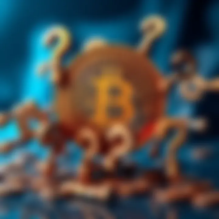 A Bitcoin symbol surrounded by question marks to represent uncertainty about its value and perception as a legitimate investment