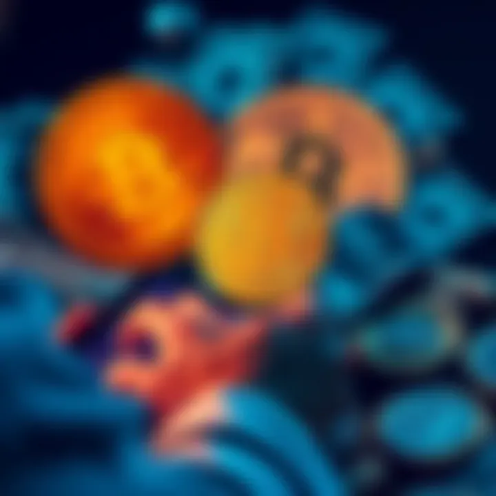 A person using a smartphone to manage Bitcoin transactions, with dollar bills and a Bitcoin symbol in the background.