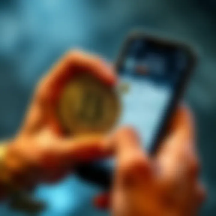 A person holding a physical Bitcoin with a digital wallet app open on their phone, representing control over finances.