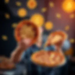 A person holding two pizzas with Bitcoin symbols in the background, celebrating Bitcoin Pizza Day.