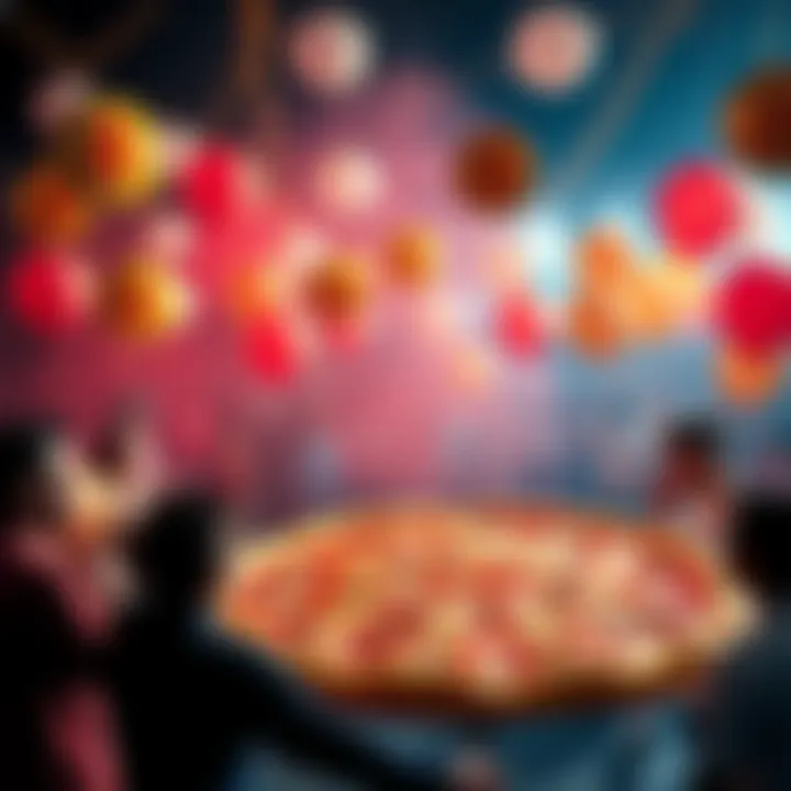A festive gathering with a large pizza topped with Bitcoin symbols, balloons, and people enjoying the event.