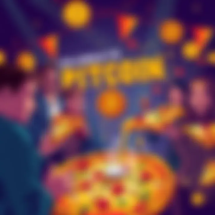 Celebrating Bitcoin Pizza Day A festive scene with people enjoying pizza and celebrating Bitcoin Pizza Day, featuring Bitcoin symbols and pizza slices.