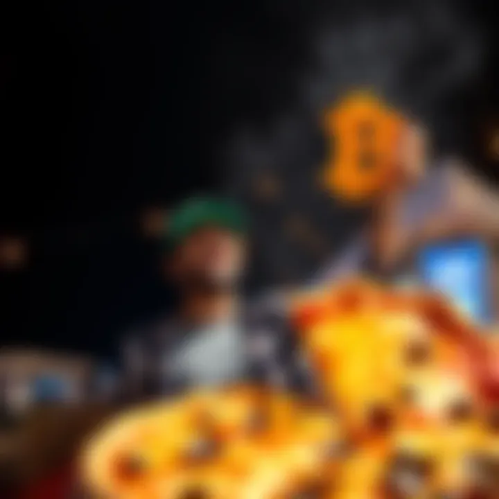 A person celebrating Bitcoin Pizza Day with a large pizza, holding a Bitcoin symbol in the air, representing the significance of 10,000 BTC spent.