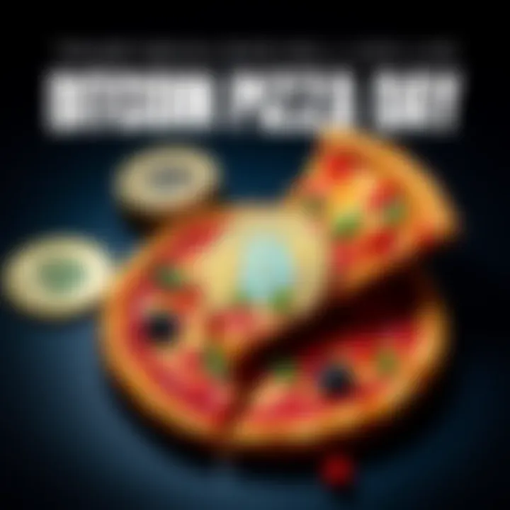 Bitcoin Pizza Day Loss Depiction of Bitcoin coins with a pizza, symbolizing Trump Media's financial loss on Bitcoin Pizza Day.