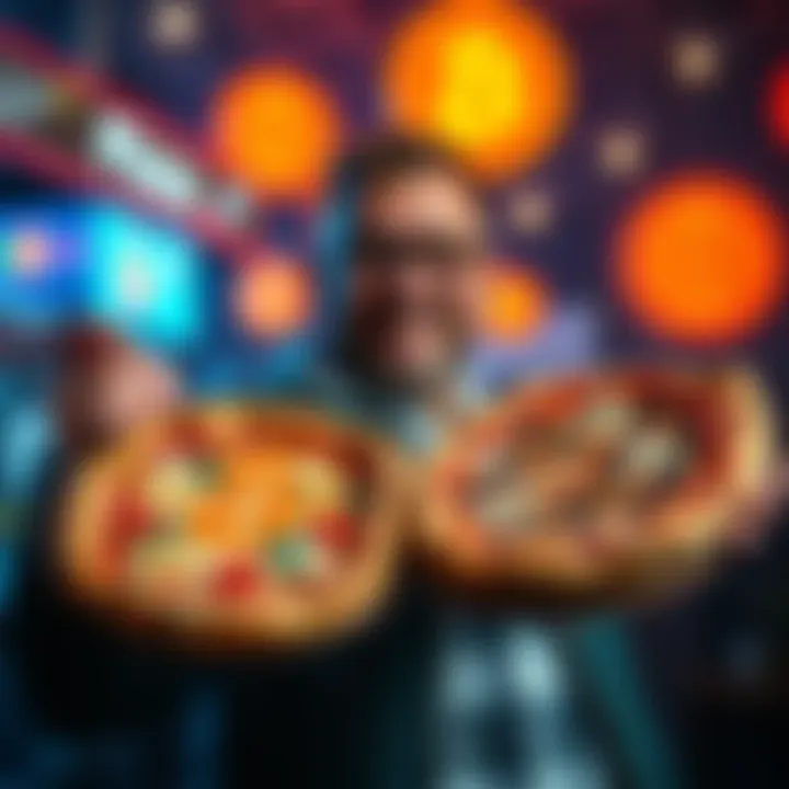 Pizza bought with Bitcoin A person holding two pizzas with Bitcoin symbols in the background