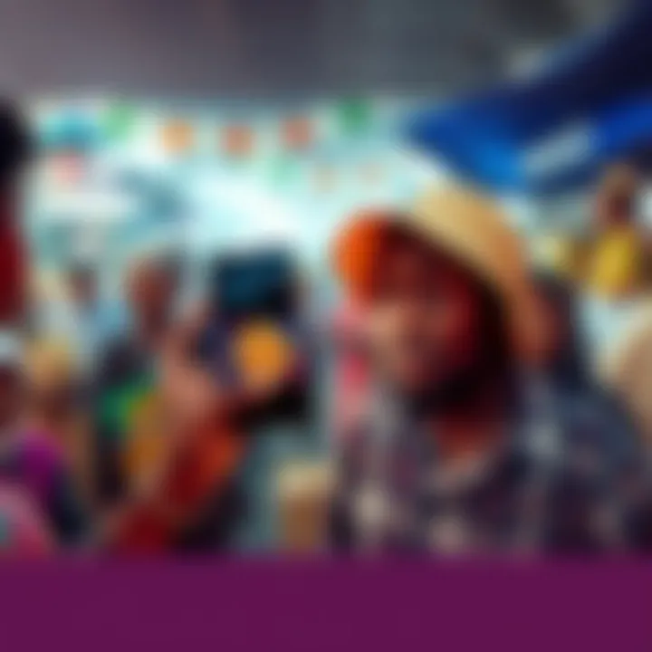 A person in a crowded market holding a smartphone with Bitcoin symbol, surrounded by local vendors.