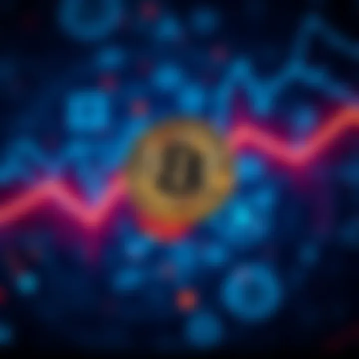 A graph showing Bitcoin's value dropping over time with a background of digital currency symbols.