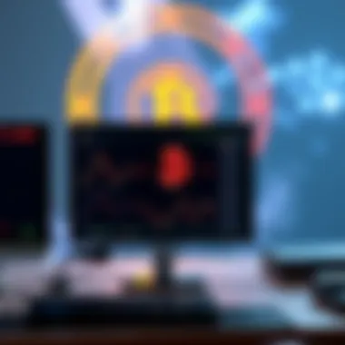 A computer screen showing Bitcoin data with a power outage symbol in the background