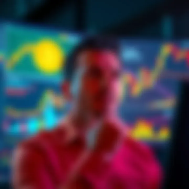 A person with a thoughtful expression analyzing Bitcoin trends on a computer screen, surrounded by charts and graphs.