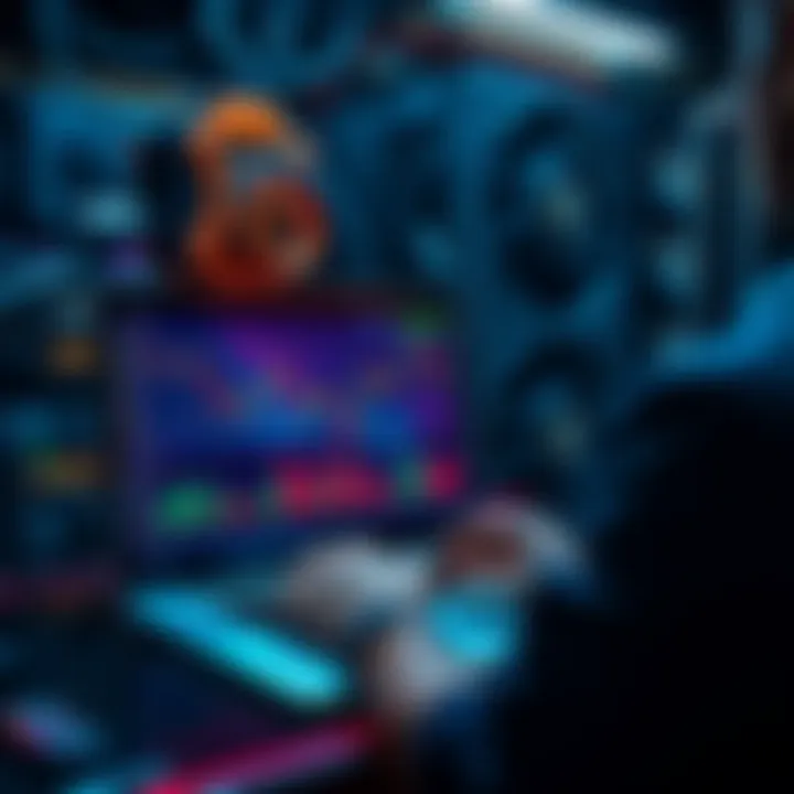 Bitcoin Price Analysis A person analyzing Bitcoin price trends on a laptop with charts and graphs showing fluctuations in value, alongside mining equipment in the background.