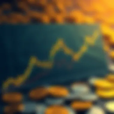 A detailed graph showing Bitcoin's price trends, highlighting a possible bottom and potential surge points, with a background of digital coins.