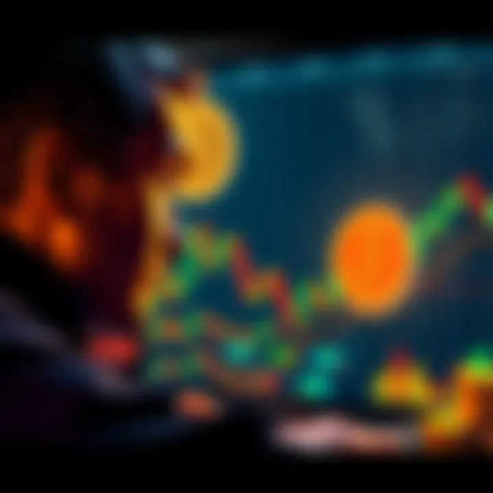 A person looking at a graph showing Bitcoin's price reaching 70,000, with worried expressions and financial charts in the background.