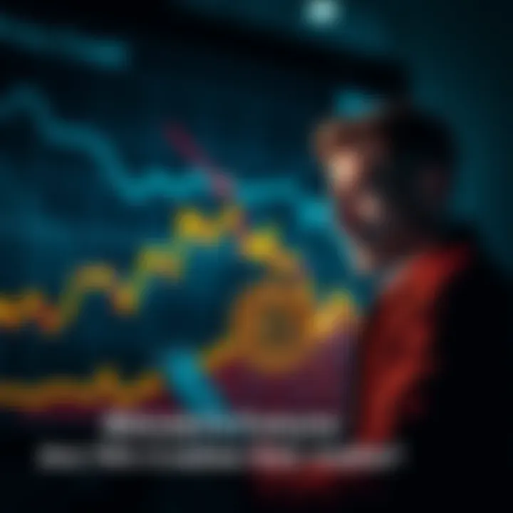 A graph showing a steep decline in Bitcoin value with a worried investor looking at it