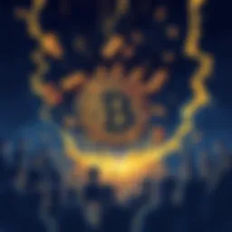 Bitcoin Price Crash A dramatic illustration of a Bitcoin symbol falling into a deep void, representing the loss of value and financial impact, with a backdrop of concerned people watching.