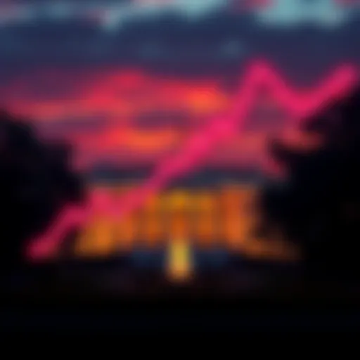 A downward trend line showing Bitcoin's price drop over the past year alongside a graphic of the White House symbolizing political turmoil.