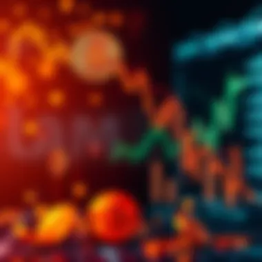 A graphic showing a downward trend in Bitcoin prices with visuals of falling coins and a worried trader.