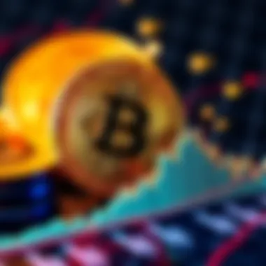 A graph showing Bitcoin's price drop with a downward trend and coins in the background