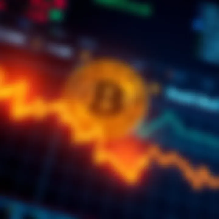 A visual representation of a Bitcoin price dip on a financial chart with downward arrows indicating a market drop