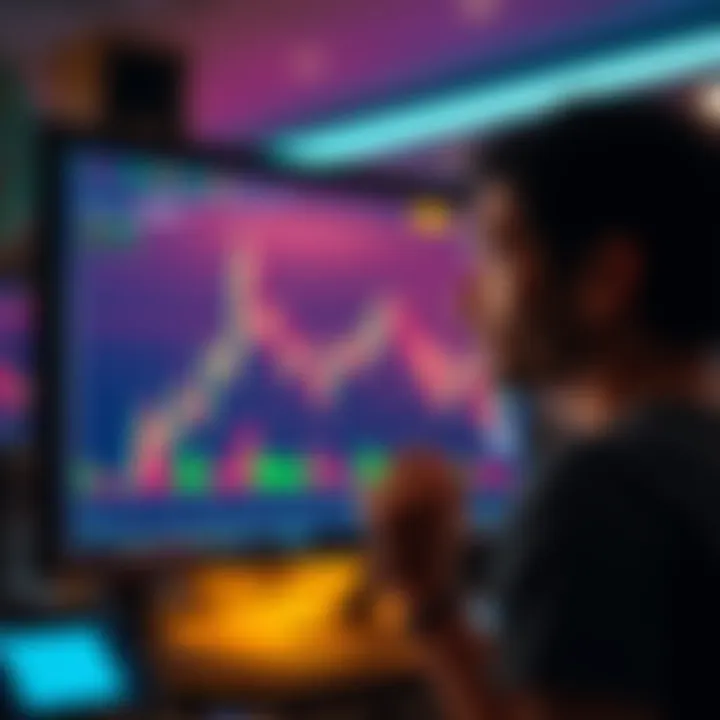 A person looking at a computer screen showing a Bitcoin price chart going downward, with a thoughtful expression.
