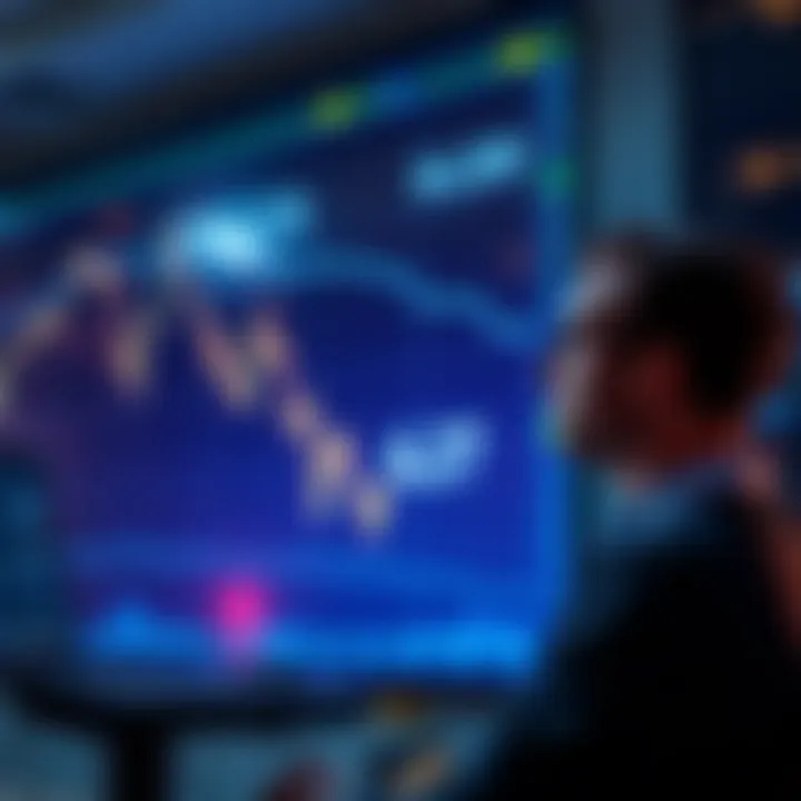 A graph showing a downward trend in Bitcoin prices with a worried trader looking at the screen