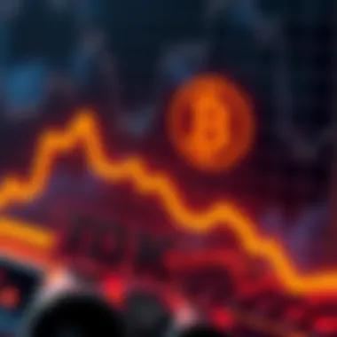 Graph showing Bitcoin's recent decline towards 70K with arrows pointing down and a dollar sign icon
