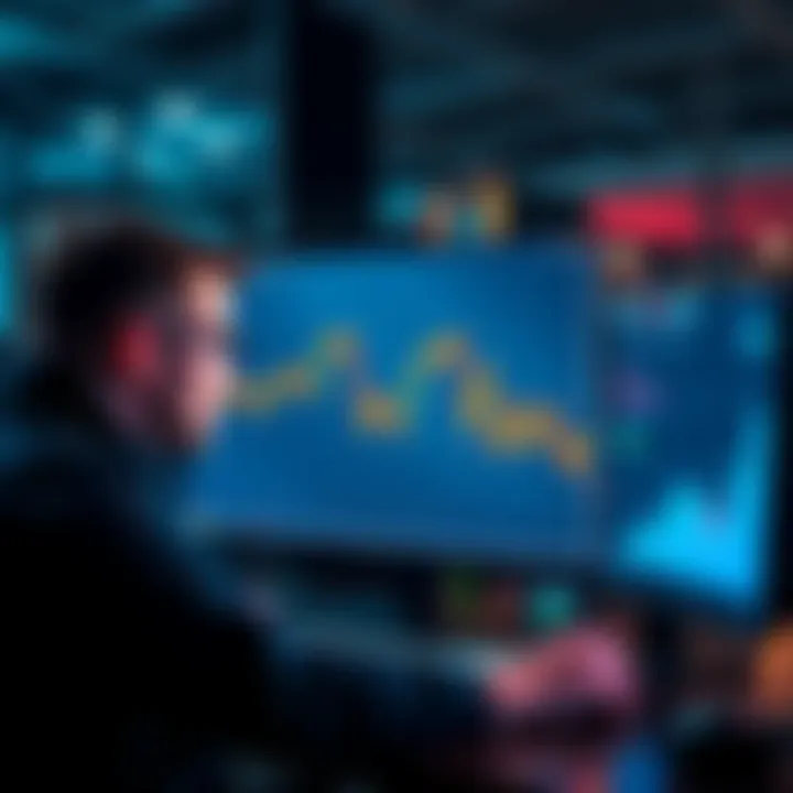 A chart showing Bitcoin's price dropping significantly, with investors looking at the data on a computer screen.