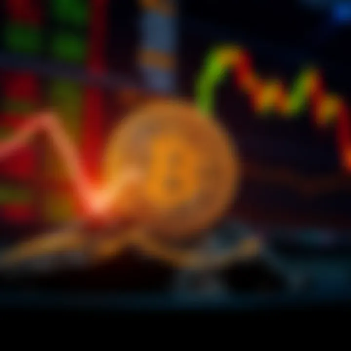 A graphic showing a downward trend in Bitcoin prices with a stock market backdrop