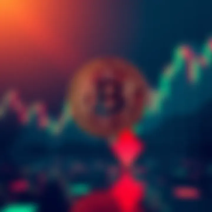 Bitcoin symbol with downward arrow and stock market graph in background