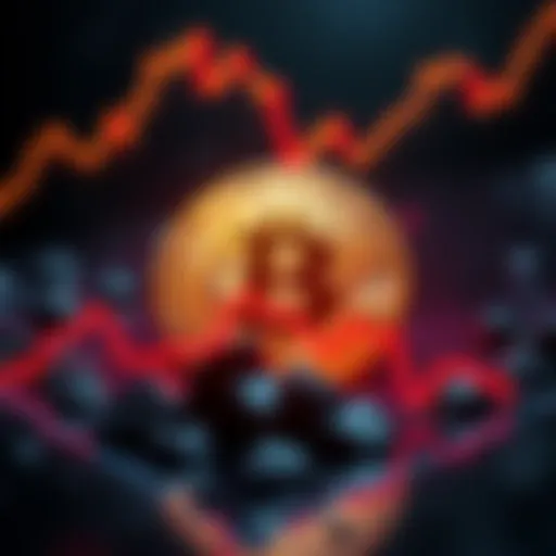 Bitcoin graphic showing a downward trend with a symbol of Bitcoin in the background
