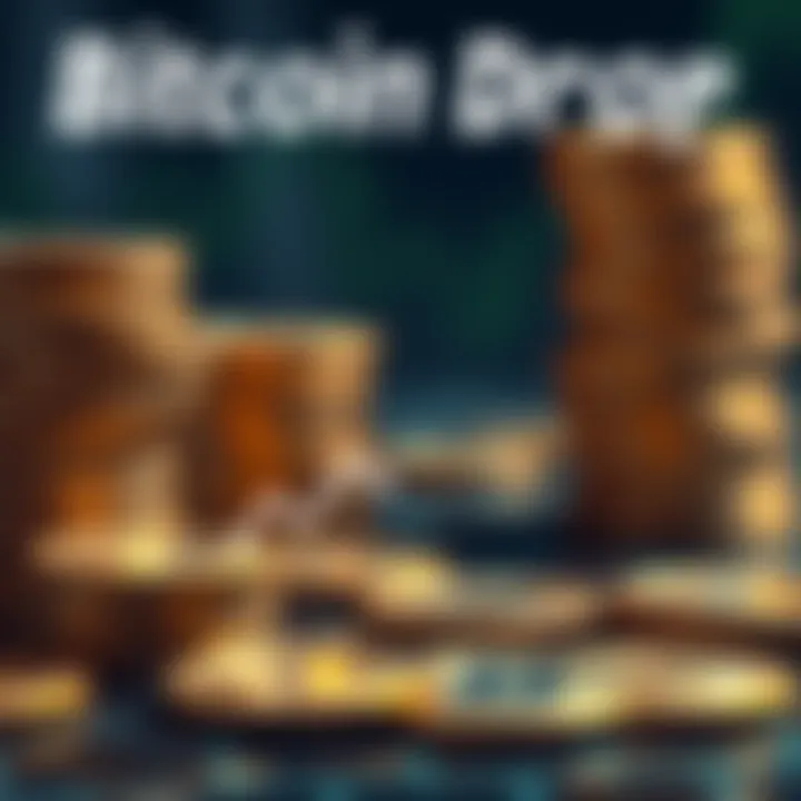 A graphic showing a downward trend in Bitcoin prices with coins stacking up in the background.
