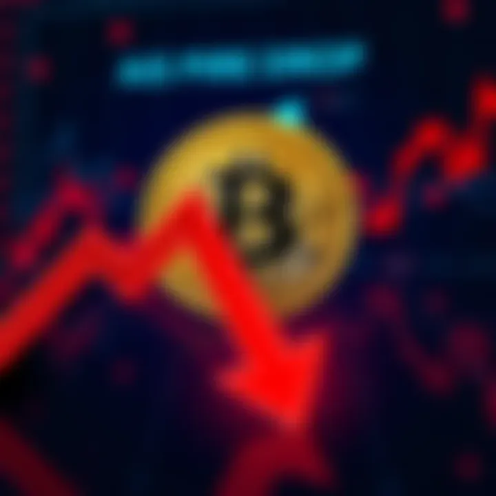 A graphic showing a downward trend in Bitcoin prices, with a bold red arrow pointing downwards and a Bitcoin symbol in the background.