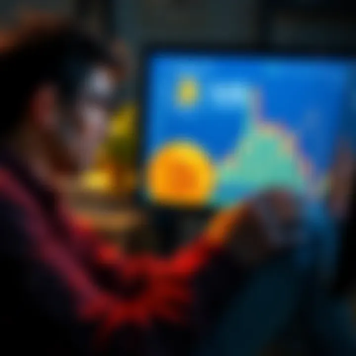 A graphic showing a steep decline in Bitcoin value with a concerned investor looking at a computer screen.