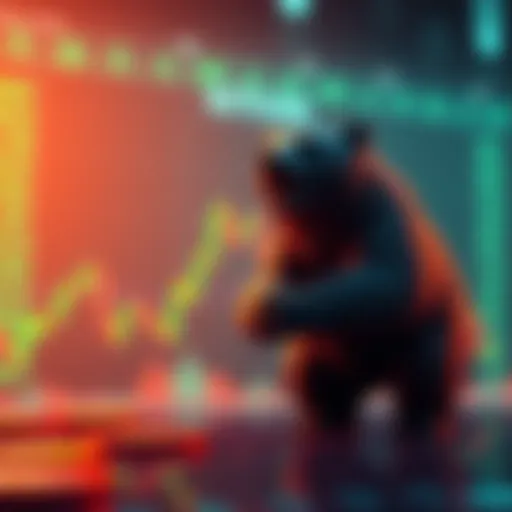 A visual representation of Bitcoin's price dropping with a graph showing a downward trend and a bear symbolizing bearish market sentiment.