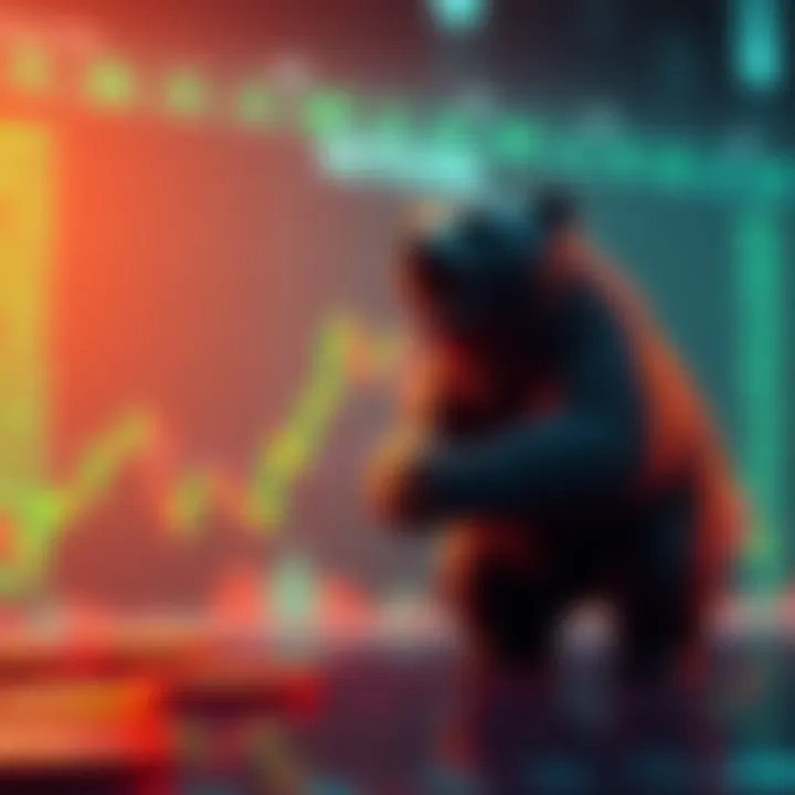 A visual representation of Bitcoin's price dropping with a graph showing a downward trend and a bear symbolizing bearish market sentiment.