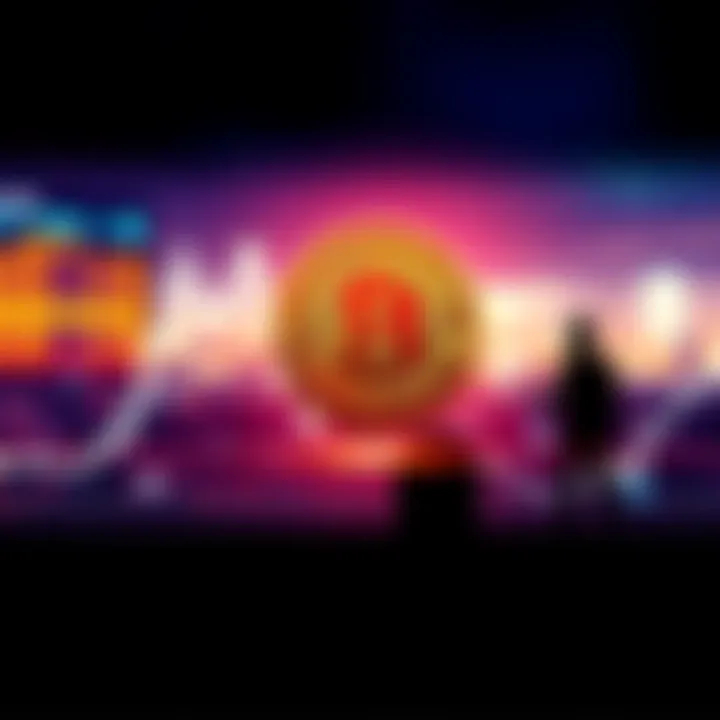 Graph showing a downward trend in Bitcoin prices with a symbol of Bitcoin and a person considering investment options