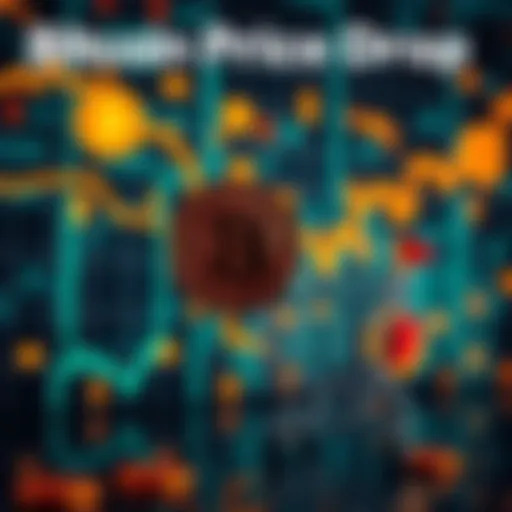 A graphic showing a downward trend in Bitcoin prices with a background of digital currency icons and a shopping cart to symbolize buying interest.