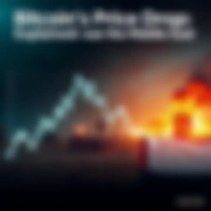 Graph showing Bitcoin price decline with a backdrop of a Middle Eastern conflict scene