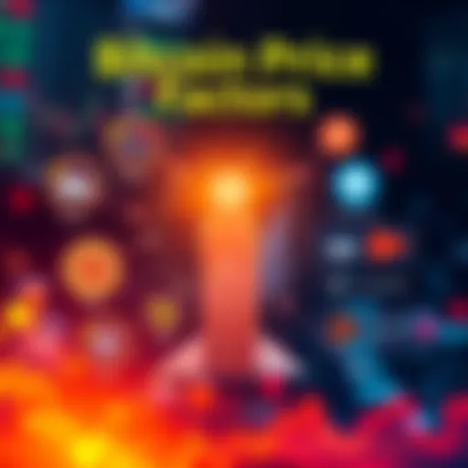 A graphic showing various factors influencing Bitcoin pricing, including market trends, trading volume, and technology, represented with icons and charts.