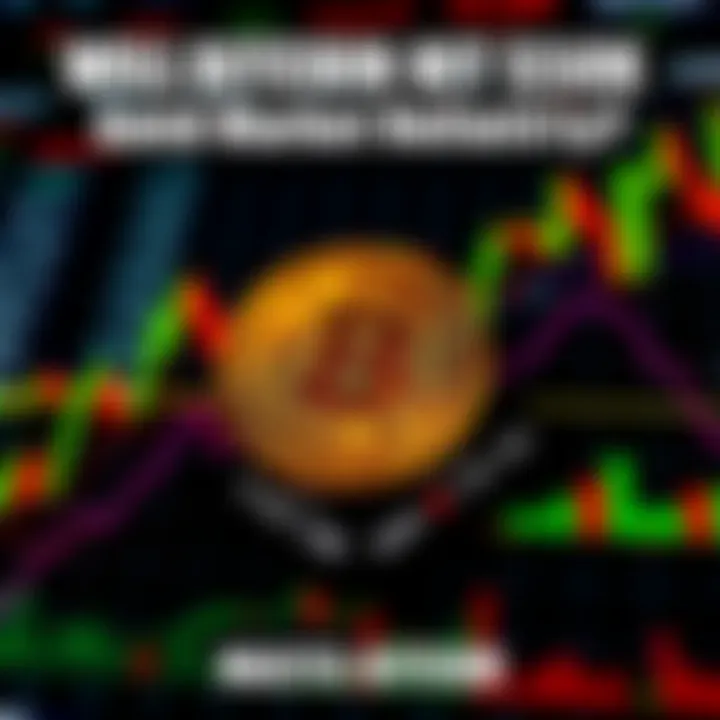 A graphic showing the fluctuating price of Bitcoin with a background of market charts and graphs.