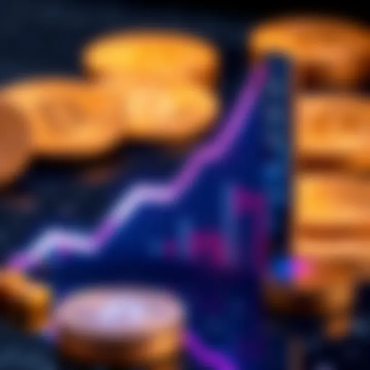 A graphic showing an upward trend in Bitcoin prices with coins in the background